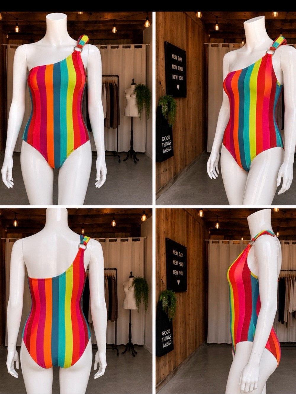 One-Shoulder Rainbow Stripe One-Piece Swimsuit